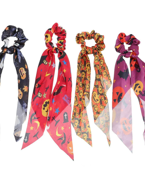 Load image into Gallery viewer, 4pcs Halloween Pumpkin Satin Hair Scrunchies Elastics Orange for Girls
