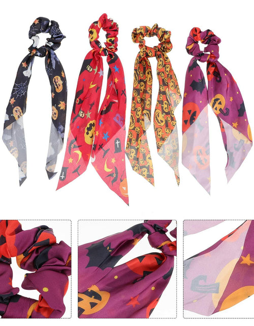Load image into Gallery viewer, 4pcs Halloween Pumpkin Satin Hair Scrunchies Elastics Orange for Girls

