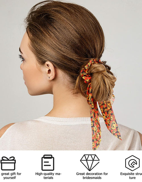 Load image into Gallery viewer, 4pcs Halloween Pumpkin Satin Hair Scrunchies Elastics Orange for Girls
