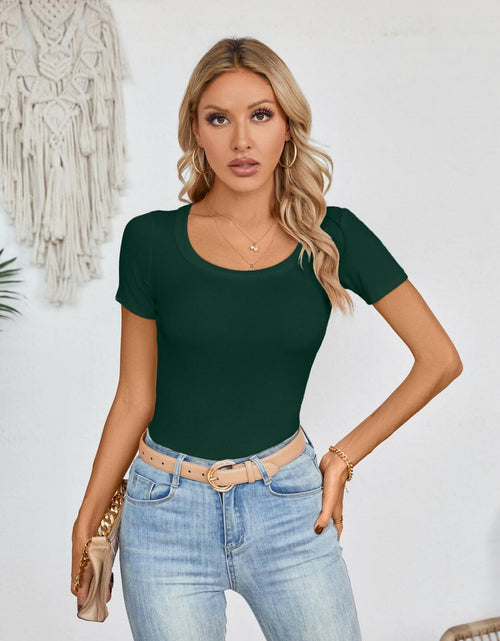 Load image into Gallery viewer, Haochic Womens Square Neck Slim Fit Ribbed T-Shirt Dark Green Size S
