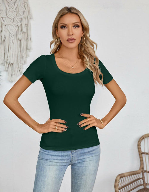 Load image into Gallery viewer, Haochic Womens Square Neck Slim Fit Ribbed T-Shirt Dark Green Size S
