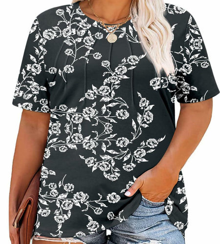 Kistore Women's Tunic Top Plus Size Crew Neck Short Sleeve Black Floral Size 2XL