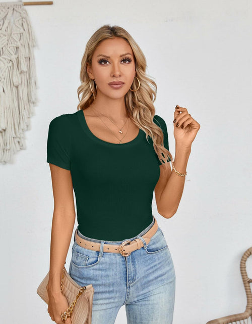 Load image into Gallery viewer, Haochic Womens Square Neck Slim Fit Ribbed T-Shirt Dark Green Size S
