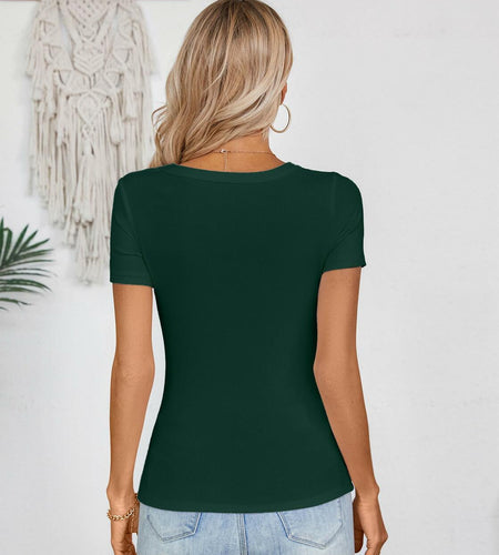 Haochic Womens Square Neck Slim Fit Ribbed T-Shirt Dark Green Size S