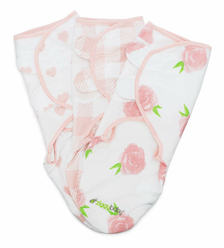 Ziggy Baby Swaddle Blanket Adjustable Wrap 3Pack Pink Peony Heart Plaid Size S/M