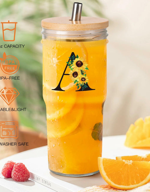 Load image into Gallery viewer, Personalized Initial Glass Cup 24oz Tumbler with Lid Straw Sunflower S
