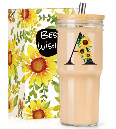 Personalized Initial Glass Cup 24oz Tumbler with Lid Straw Sunflower S