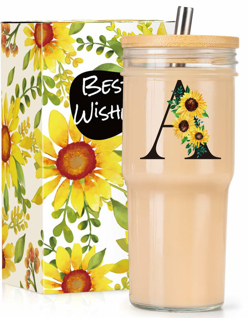 Load image into Gallery viewer, Personalized Initial Glass Cup 24oz Tumbler with Lid Straw Sunflower S
