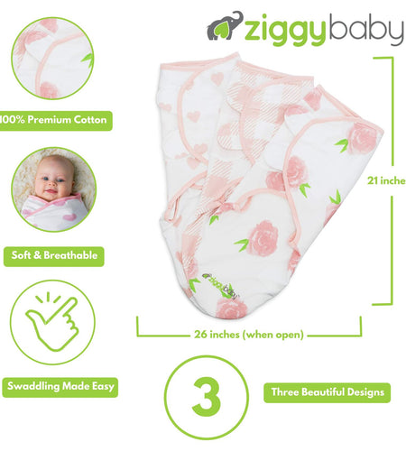 Ziggy Baby Swaddle Blanket Adjustable Wrap 3Pack Pink Peony Heart Plaid Size S/M