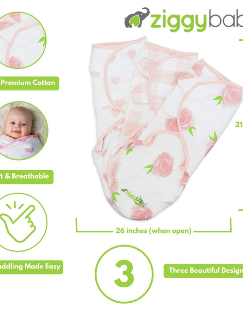 Load image into Gallery viewer, Ziggy Baby Swaddle Blanket Adjustable Wrap 3Pack Pink Peony Heart Plaid Size S/M
