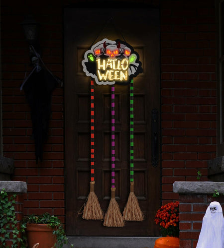 BLCtec Hocus Pocus Halloween Broom Sign 59" with 3 Witch Brooms Timer