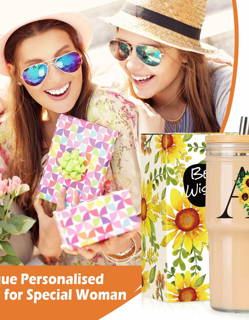 Load image into Gallery viewer, Personalized Initial Glass Cup 24oz Tumbler with Lid Straw Sunflower S
