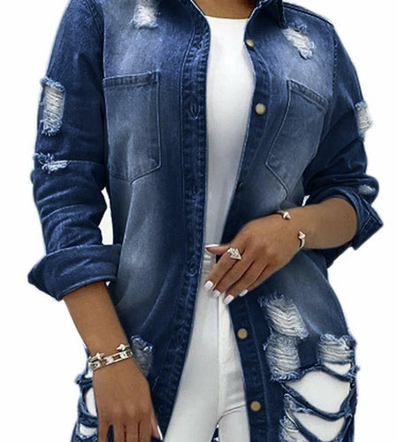 sexycherry Denim Navy Blue Distressed Trucker Jacket for Women Size 3X-Large