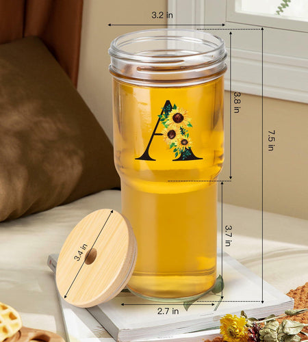 Personalized Initial Glass Cup 24oz Tumbler with Lid Straw Sunflower S