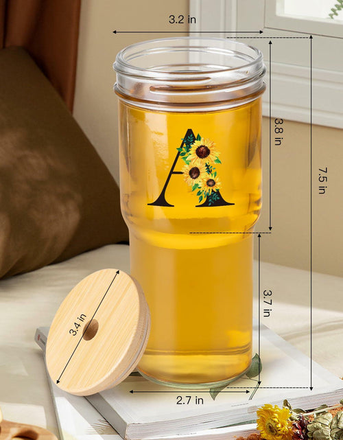 Load image into Gallery viewer, Personalized Initial Glass Cup 24oz Tumbler with Lid Straw Sunflower S

