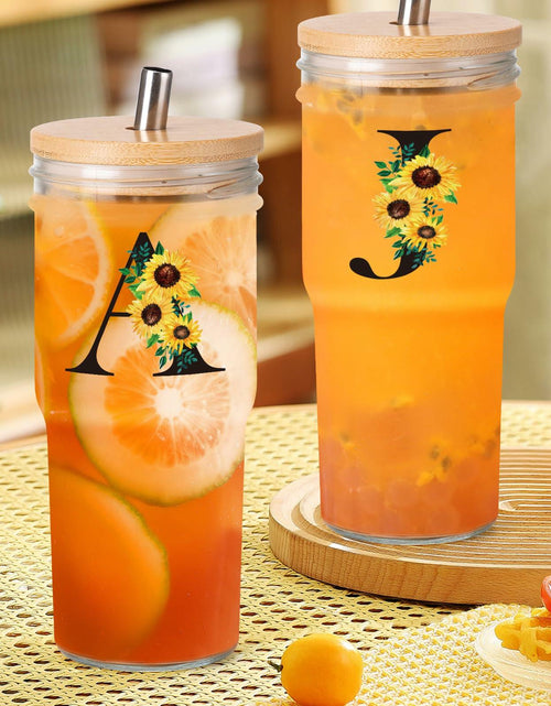 Load image into Gallery viewer, Personalized Initial Glass Cup 24oz Tumbler with Lid Straw Sunflower S
