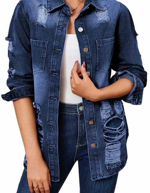 Load image into Gallery viewer, sexycherry Denim Navy Blue Distressed Trucker Jacket for Women Size 3X-Large

