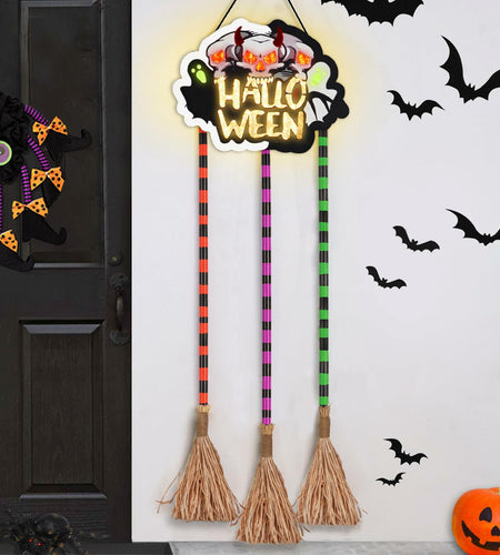 BLCtec Hocus Pocus Halloween Broom Sign 59" with 3 Witch Brooms Timer