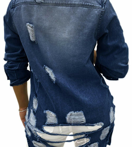 sexycherry Denim Navy Blue Distressed Trucker Jacket for Women Size 3X-Large