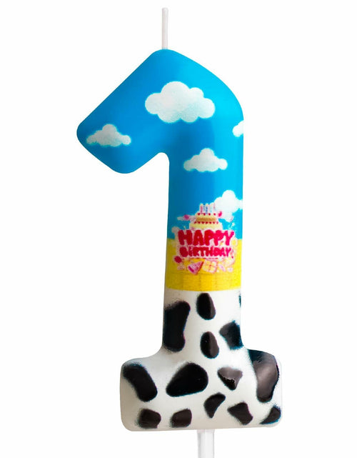 Load image into Gallery viewer, Zi Lan Cartoon Birthday Cake Topper Candles Blue Sky White Cloud Black Cow
