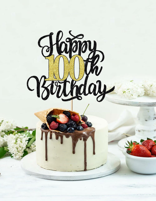 Load image into Gallery viewer, Leetaivie Happy 90th Birthday Cake Topper Black Gold Glitter Party Decor
