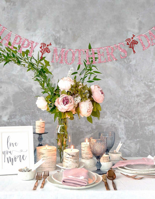 Load image into Gallery viewer, Happy Mother's Day Banner Best Mom Ever Flower Theme Pink &amp; Red Glitter
