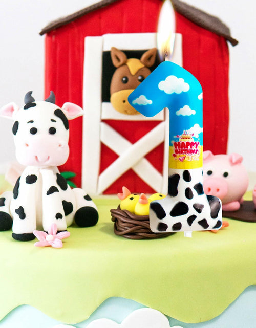 Load image into Gallery viewer, Zi Lan Cartoon Birthday Cake Topper Candles Blue Sky White Cloud Black Cow
