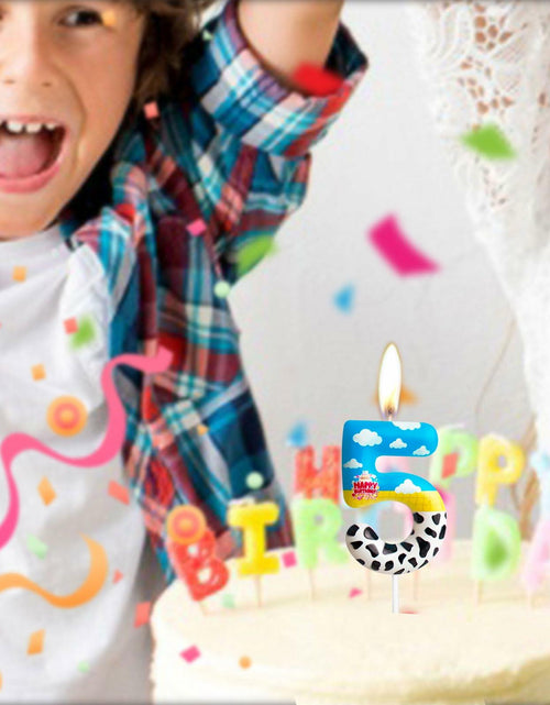 Load image into Gallery viewer, Zi Lan Cartoon Birthday Cake Topper Candles Blue Sky White Cloud Black Cow
