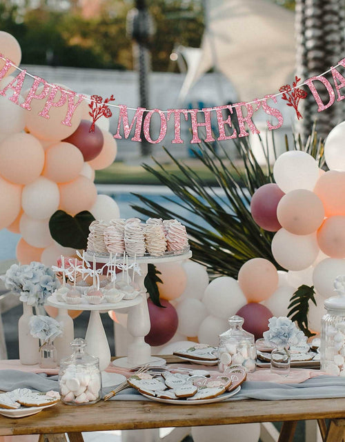 Load image into Gallery viewer, Happy Mother's Day Banner Best Mom Ever Flower Theme Pink &amp; Red Glitter
