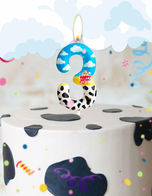 Load image into Gallery viewer, Zi Lan Cartoon Birthday Cake Topper Candles Blue Sky White Cloud Black Cow
