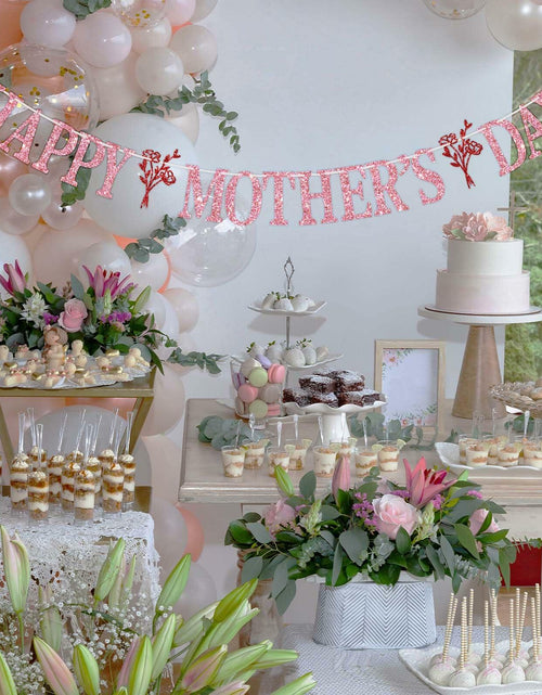 Load image into Gallery viewer, Happy Mother's Day Banner Best Mom Ever Flower Theme Pink &amp; Red Glitter
