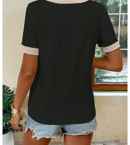 Verdusa Women's Contrast Binding V Neck Short Sleeve Colorblock Tee Black Size S