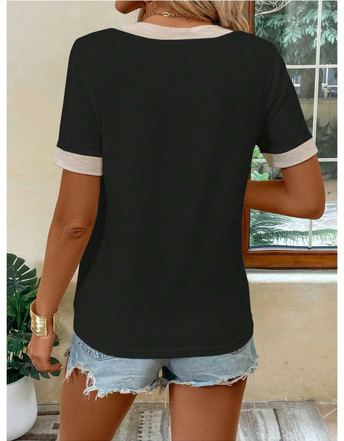 Load image into Gallery viewer, Verdusa Women's Contrast Binding V Neck Short Sleeve Colorblock Tee Black Size S
