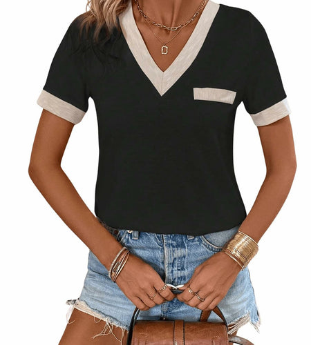 Verdusa Women's Contrast Binding V Neck Short Sleeve Colorblock Tee Black Size S