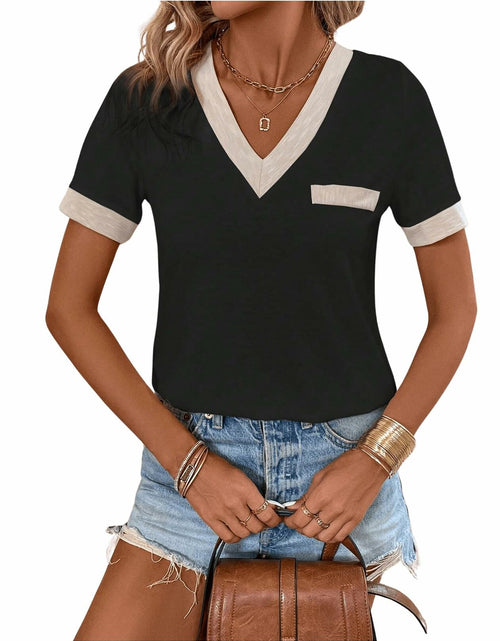 Load image into Gallery viewer, Verdusa Women's Contrast Binding V Neck Short Sleeve Colorblock Tee Black Size S
