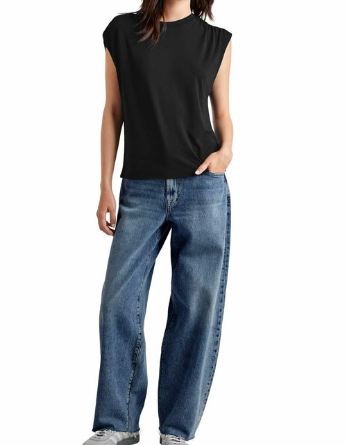 Load image into Gallery viewer, LHIRLE Womens Summer Shoulder Pleats Cap Sleeve T Shirt Black Size S
