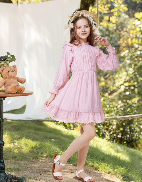 Load image into Gallery viewer, WULFUL Girls Long Sleeve Flared Belted A-line Dress Pink Size 9-10
