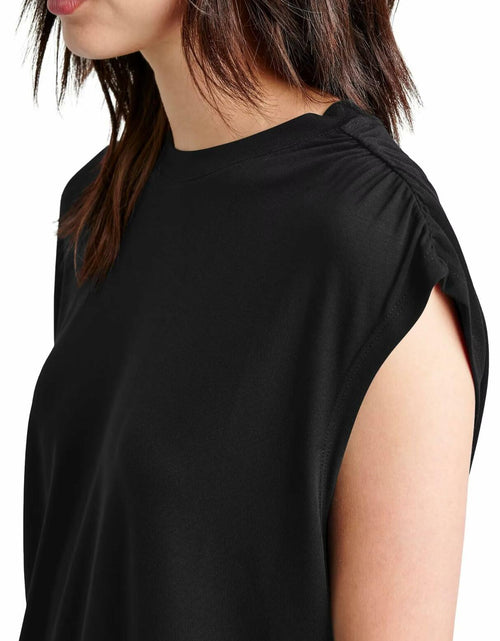 Load image into Gallery viewer, LHIRLE Womens Summer Shoulder Pleats Cap Sleeve T Shirt Black Size S

