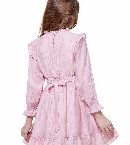 WULFUL Girls Long Sleeve Flared Belted A-line Dress Pink Size 9-10