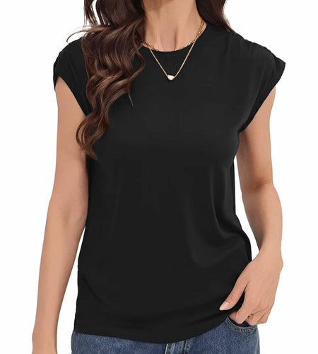 LHIRLE Womens Summer Shoulder Pleats Cap Sleeve T Shirt Black Size S