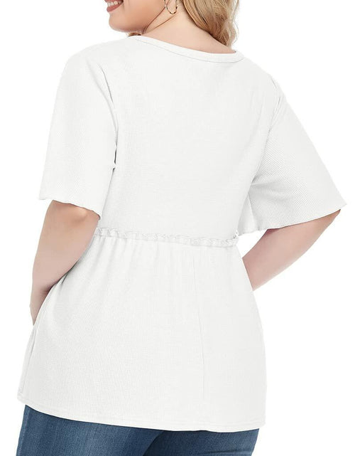 Load image into Gallery viewer, POSESHE Women's Plus Size V Neck Ruffle Button Up Blouse White Size L
