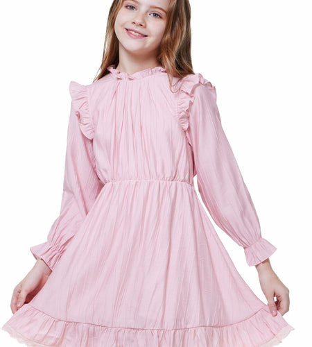 WULFUL Girls Long Sleeve Flared Belted A-line Dress Pink Size 9-10