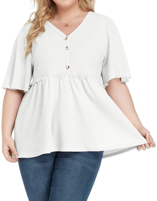 Load image into Gallery viewer, POSESHE Women's Plus Size V Neck Ruffle Button Up Blouse White Size L
