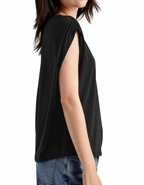 Load image into Gallery viewer, LHIRLE Womens Summer Shoulder Pleats Cap Sleeve T Shirt Black Size S

