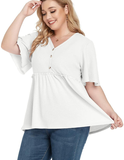 Load image into Gallery viewer, POSESHE Women's Plus Size V Neck Ruffle Button Up Blouse White Size L
