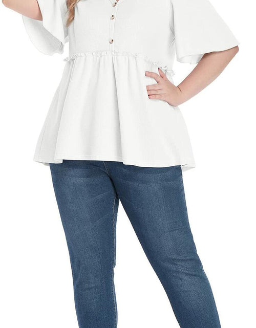 Load image into Gallery viewer, POSESHE Women's Plus Size V Neck Ruffle Button Up Blouse White Size L
