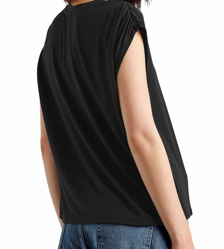 LHIRLE Womens Summer Shoulder Pleats Cap Sleeve T Shirt Black Size S