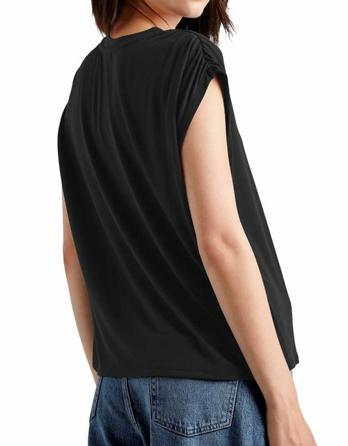 Load image into Gallery viewer, LHIRLE Womens Summer Shoulder Pleats Cap Sleeve T Shirt Black Size S
