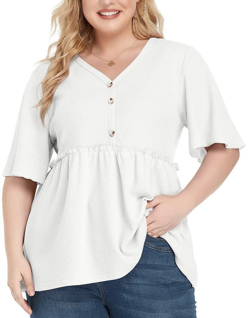 Load image into Gallery viewer, POSESHE Women's Plus Size V Neck Ruffle Button Up Blouse White Size L
