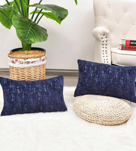 CaliTime Marbling Jacquard Chenille Throw Pillow Cases 12x20 Navy Blue 2 Pack
